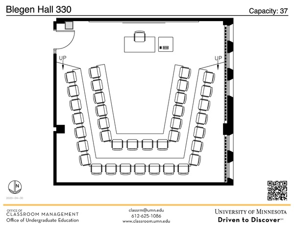 Plan view of the classroom that provides room capacity, seating locations and exits. A QR code links to room schedule and contact information is in the footer