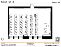 Plan view of the classroom that provides room capacity, seating locations and exits. A QR code links to room schedule and contact information is in the footer