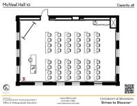 Plan view of the classroom that provides room capacity, seating locations and exits. A QR code links to room schedule and contact information is in the footer