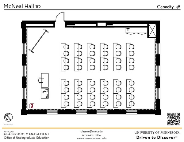 Plan view of the classroom that provides room capacity, seating locations and exits. A QR code links to room schedule and contact information is in the footer