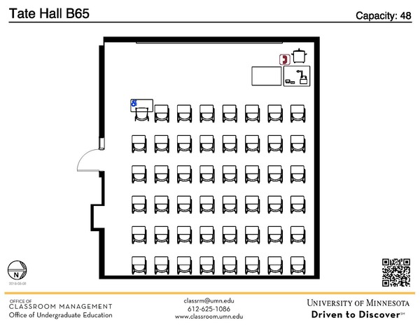 Plan view of the classroom that provides room capacity, seating locations and exits. A QR code links to room schedule and contact information is in the footer