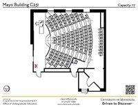 Plan view of the classroom that provides room capacity, seating locations and exits. A QR code links to room schedule and contact information is in the footer