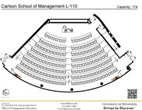 Plan view of the classroom that provides room capacity, seating locations and exits. A QR code links to room schedule and contact information is in the footer