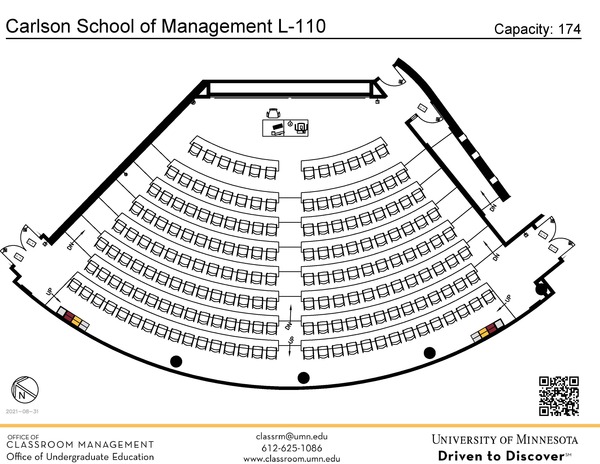 Plan view of the classroom that provides room capacity, seating locations and exits. A QR code links to room schedule and contact information is in the footer