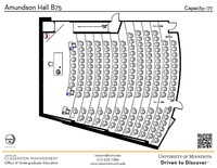 Plan view of the classroom that provides room capacity, seating locations and exits. A QR code links to room schedule and contact information is in the footer