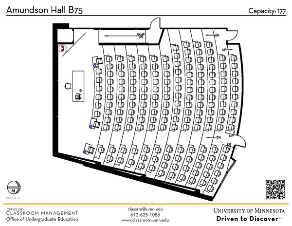 Plan view of the classroom that provides room capacity, seating locations and exits. A QR code links to room schedule and contact information is in the footer