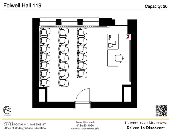 Plan view of the classroom that provides room capacity, seating locations and exits. A QR code links to room schedule and contact information is in the footer