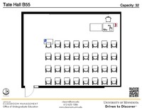 Plan view of the classroom that provides room capacity, seating locations and exits. A QR code links to room schedule and contact information is in the footer