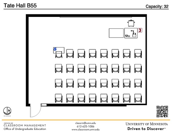 Plan view of the classroom that provides room capacity, seating locations and exits. A QR code links to room schedule and contact information is in the footer