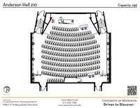 Plan view of the classroom that provides room capacity, seating locations and exits. A QR code links to room schedule and contact information is in the footer