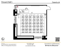 Plan view of the classroom that provides room capacity, seating locations and exits. A QR code links to room schedule and contact information is in the footer