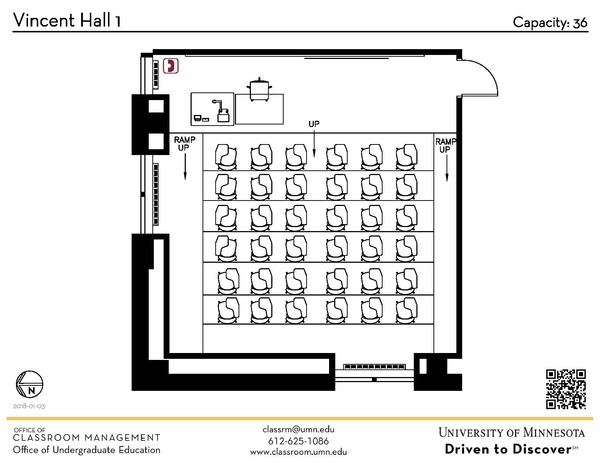 Plan view of the classroom that provides room capacity, seating locations and exits. A QR code links to room schedule and contact information is in the footer