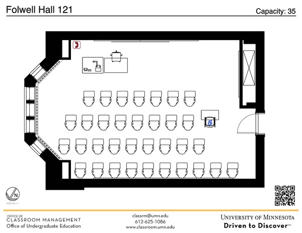 Plan view of the classroom that provides room capacity, seating locations and exits. A QR code links to room schedule and contact information is in the footer