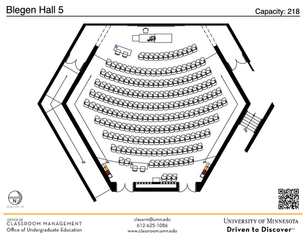 Plan view of the classroom that provides room capacity, seating locations and exits. A QR code links to room schedule and contact information is in the footer