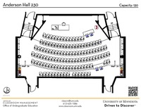 Plan view of the classroom that provides room capacity, seating locations and exits. A QR code links to room schedule and contact information is in the footer