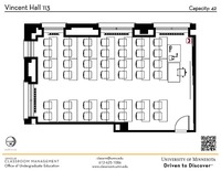 Plan view of the classroom that provides room capacity, seating locations and exits. A QR code links to room schedule and contact information is in the footer