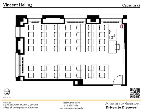 Plan view of the classroom that provides room capacity, seating locations and exits. A QR code links to room schedule and contact information is in the footer