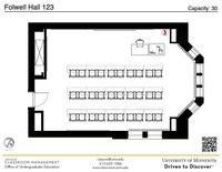 Plan view of the classroom that provides room capacity, seating locations and exits. A QR code links to room schedule and contact information is in the footer