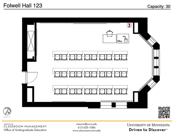 Plan view of the classroom that provides room capacity, seating locations and exits. A QR code links to room schedule and contact information is in the footer