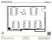 Plan view of the classroom that provides room capacity, seating locations and exits. A QR code links to room schedule and contact information is in the footer