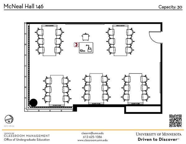 Plan view of the classroom that provides room capacity, seating locations and exits. A QR code links to room schedule and contact information is in the footer