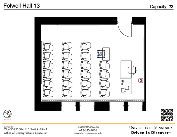 Plan view of the classroom that provides room capacity, seating locations and exits. A QR code links to room schedule and contact information is in the footer