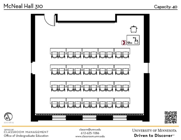 Plan view of the classroom that provides room capacity, seating locations and exits. A QR code links to room schedule and contact information is in the footer