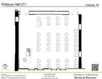 Plan view of the classroom that provides room capacity, seating locations and exits. A QR code links to room schedule and contact information is in the footer