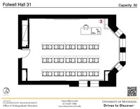 Plan view of the classroom that provides room capacity, seating locations and exits. A QR code links to room schedule and contact information is in the footer