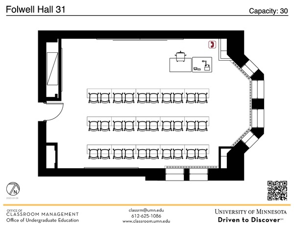 Plan view of the classroom that provides room capacity, seating locations and exits. A QR code links to room schedule and contact information is in the footer