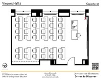 Plan view of the classroom that provides room capacity, seating locations and exits. A QR code links to room schedule and contact information is in the footer