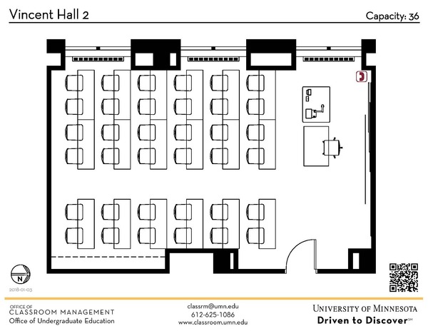 Plan view of the classroom that provides room capacity, seating locations and exits. A QR code links to room schedule and contact information is in the footer