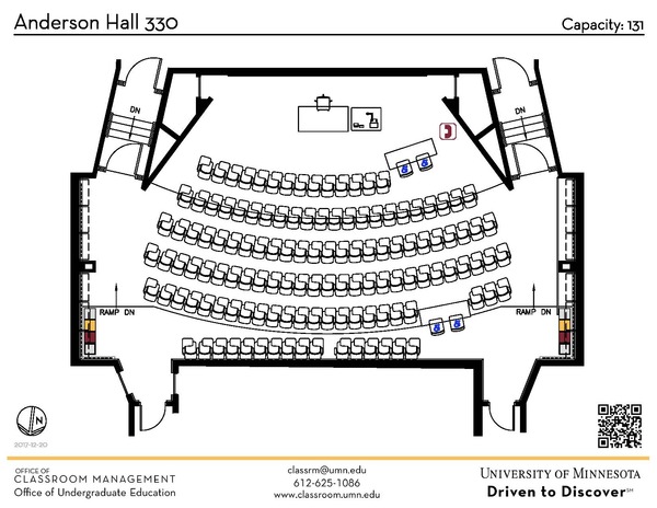 Plan view of the classroom that provides room capacity, seating locations and exits. A QR code links to room schedule and contact information is in the footer