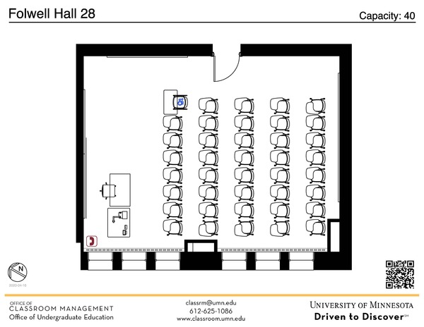 Plan view of the classroom that provides room capacity, seating locations and exits. A QR code links to room schedule and contact information is in the footer