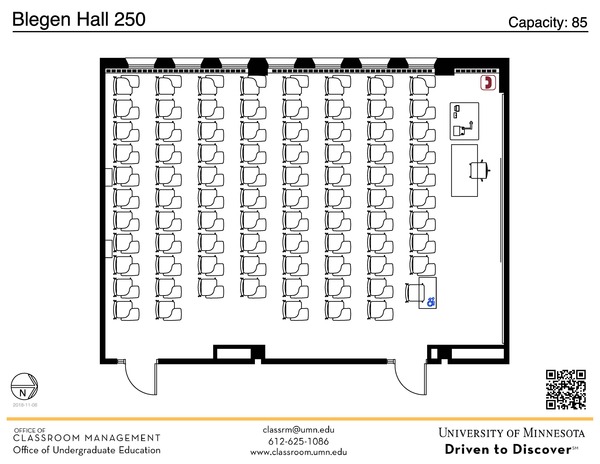 Plan view of the classroom that provides room capacity, seating locations and exits. A QR code links to room schedule and contact information is in the footer