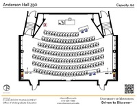 Plan view of the classroom that provides room capacity, seating locations and exits. A QR code links to room schedule and contact information is in the footer