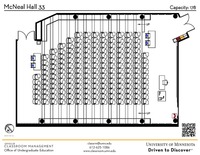 Plan view of the classroom that provides room capacity, seating locations and exits. A QR code links to room schedule and contact information is in the footer