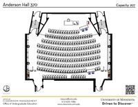 Plan view of the classroom that provides room capacity, seating locations and exits. A QR code links to room schedule and contact information is in the footer