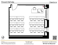 Plan view of the classroom that provides room capacity, seating locations and exits. A QR code links to room schedule and contact information is in the footer