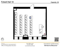 Plan view of the classroom that provides room capacity, seating locations and exits. A QR code links to room schedule and contact information is in the footer