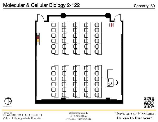 Plan view of the classroom that provides room capacity, seating locations and exits. A QR code links to room schedule and contact information is in the footer