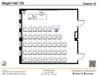 Plan view of the classroom that provides room capacity, seating locations and exits. A QR code links to room schedule and contact information is in the footer