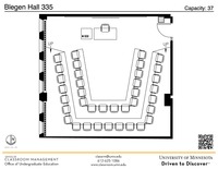 Plan view of the classroom that provides room capacity, seating locations and exits. A QR code links to room schedule and contact information is in the footer