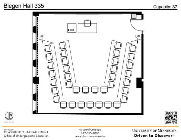 Plan view of the classroom that provides room capacity, seating locations and exits. A QR code links to room schedule and contact information is in the footer