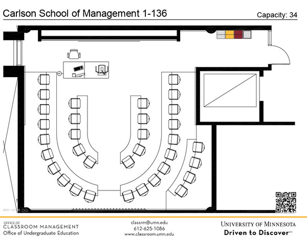 Plan view of the classroom that provides room capacity, seating locations and exits. A QR code links to room schedule and contact information is in the footer