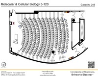 Plan view of the classroom that provides room capacity, seating locations and exits. A QR code links to room schedule and contact information is in the footer