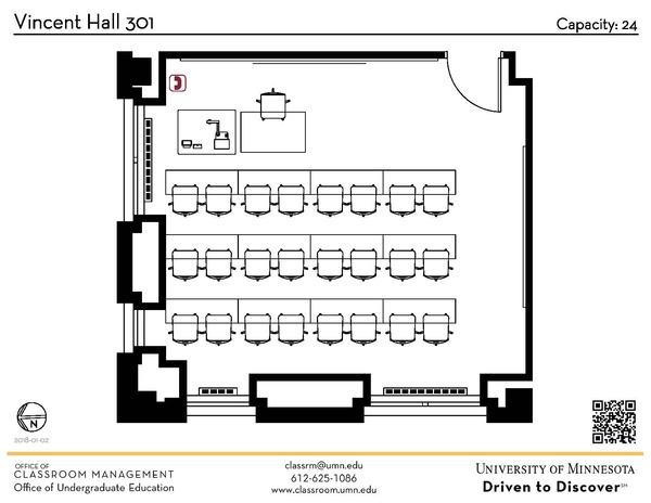 Plan view of the classroom that provides room capacity, seating locations and exits. A QR code links to room schedule and contact information is in the footer