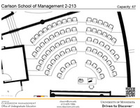 Plan view of the classroom that provides room capacity, seating locations and exits. A QR code links to room schedule and contact information is in the footer