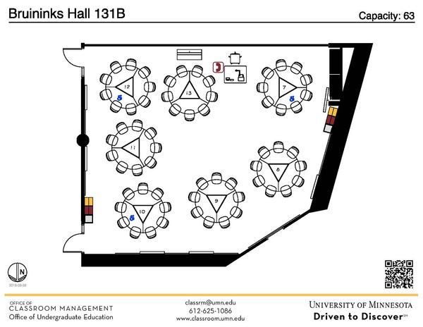 Plan view of the classroom that provides room capacity, seating locations and exits. A QR code links to room schedule and contact information is in the footer