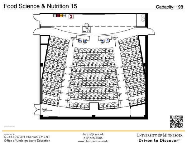 Plan view of the classroom that provides room capacity, seating locations and exits. A QR code links to room schedule and contact information is in the footer